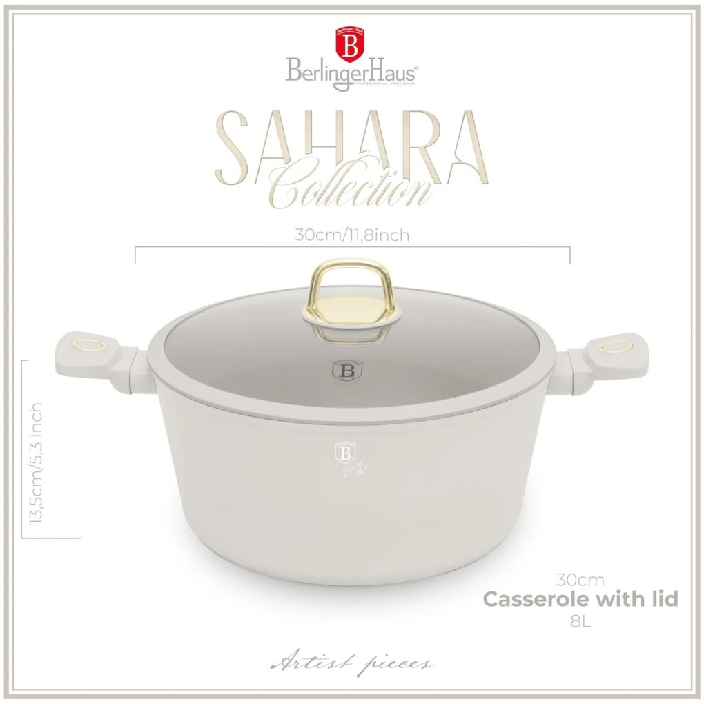 Oala cu capac 30 cm, 8L Sahara Berlinger Haus BH 8073, strat antiaderent, crem