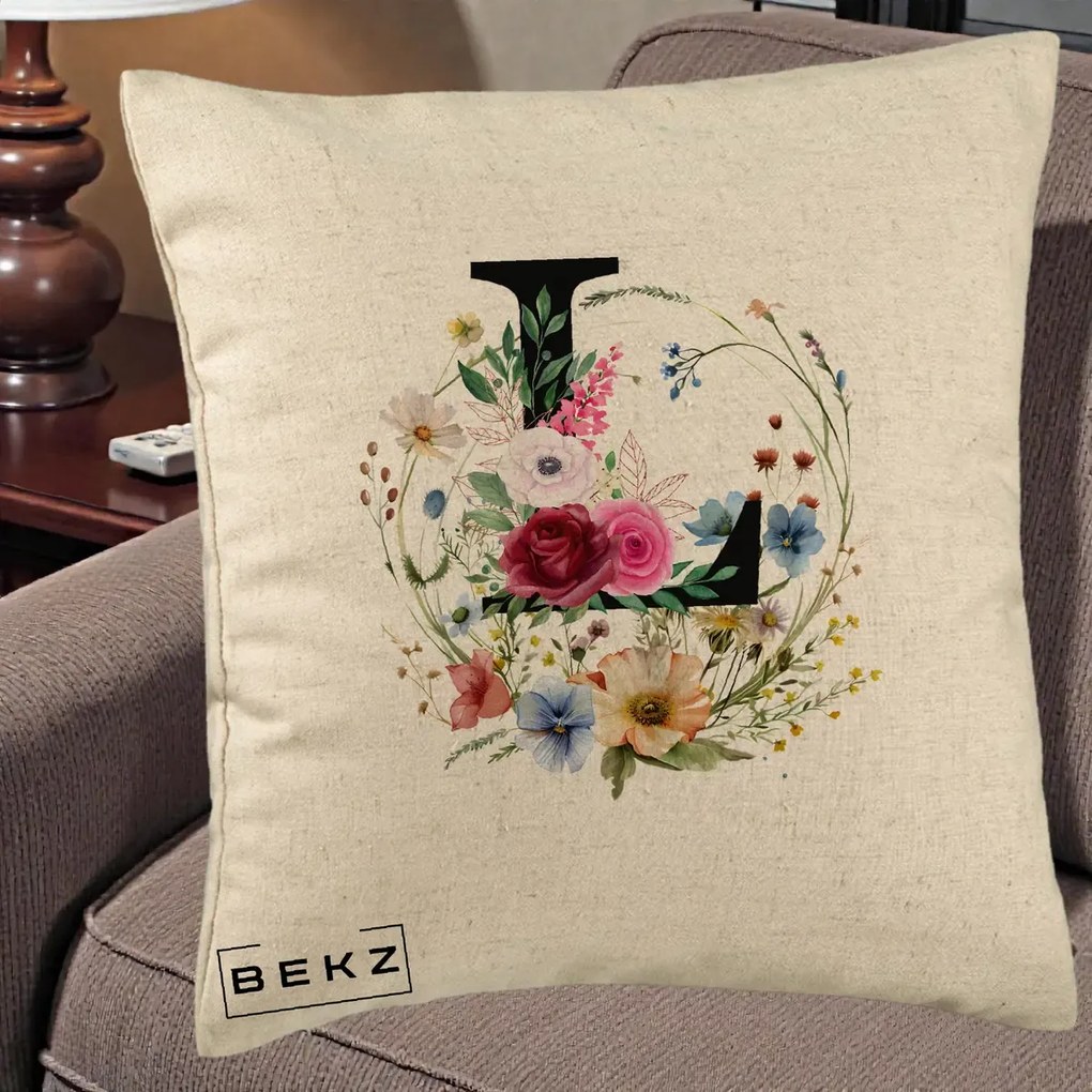 Cadou Personalizat - Perna Personalizata Monogram Litera L cu Flori Acuarela, 40x40 cm, Bej, Husa Detasabila, Perna Inclusa, BEKZ®