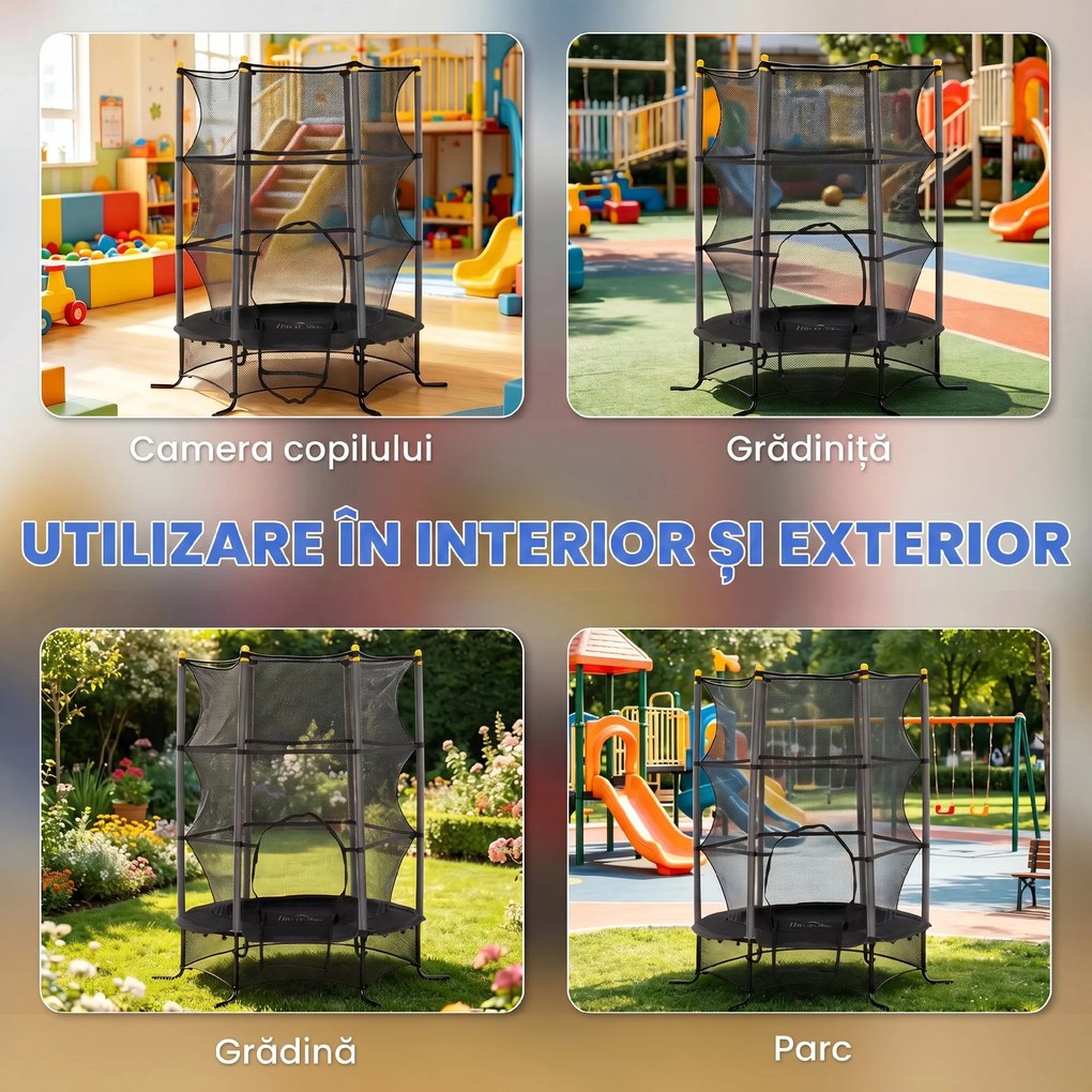 HOMCOM Trambulină pentru Copii 3-10 Ani cu Plasă de Siguranță, Suprafață Elastică cu Bare Capitonate, Ø163x190 cm, Negru | Aosom Romania
