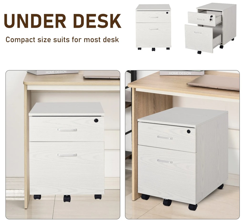 Vinsetto Dulap cu Sertar, cu 2 chei si cu 5 roti, dulap pentru depozitare documente, 40x44x54.6 cm, Design Compact, Alb | Aosom Romania