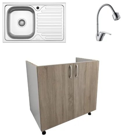 Set Masca Chiuveta haaus Karo, Stejar Sonoma Inchis/Alb, 80 x 50 x 80 cm, Chiuveta Inox, Cuva stanga, Baterie Flexibila