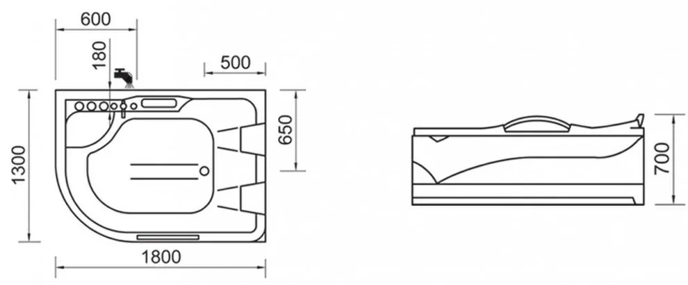 Cadă de baie cu hidromasaj asimetrică Dublo Hydro, 180x130 cm cu baterie