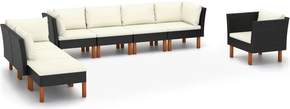 vidaXL Set mobilier grădină, 8 piese, negru poliratan și lemn eucalipt