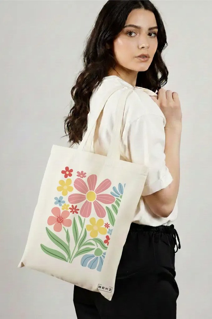 Sacosa de Panza pentru Cumparaturi, Geanta Tote Boho Style 14, 38x34.5 cm, Alba, BEKZ®