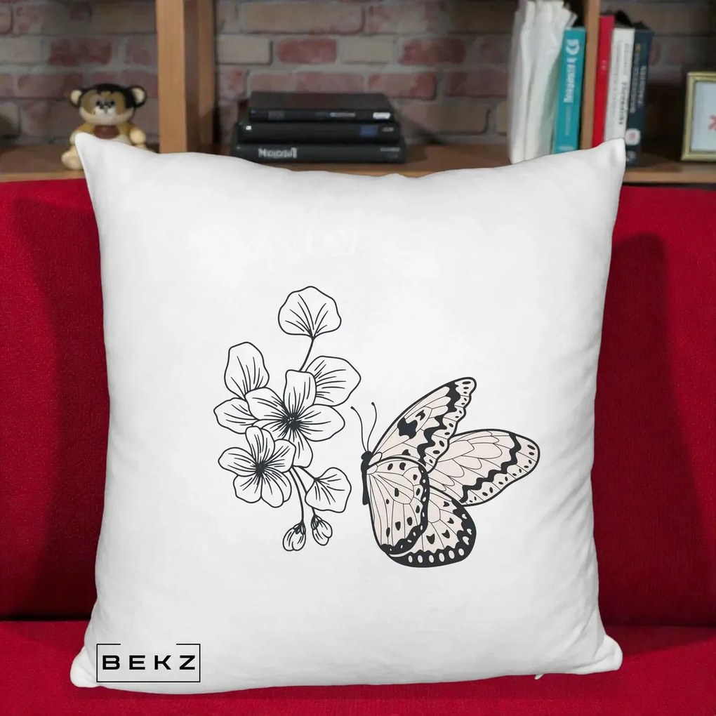 Perna Decorativa Fluture si Flori Linie Monocroma, 40x40 cm, Alb Pufos, Husa Detasabila, Perna Inclusa, BEKZ®