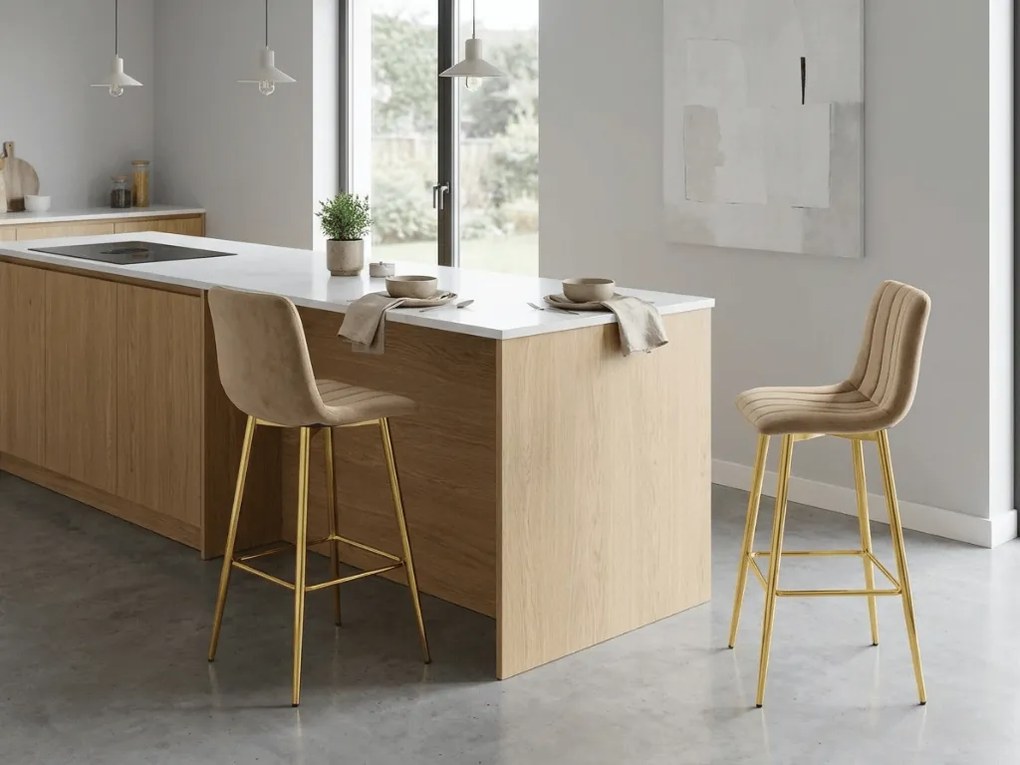 Scaun de bar POZZA VELVET cu picioare aurii, maro