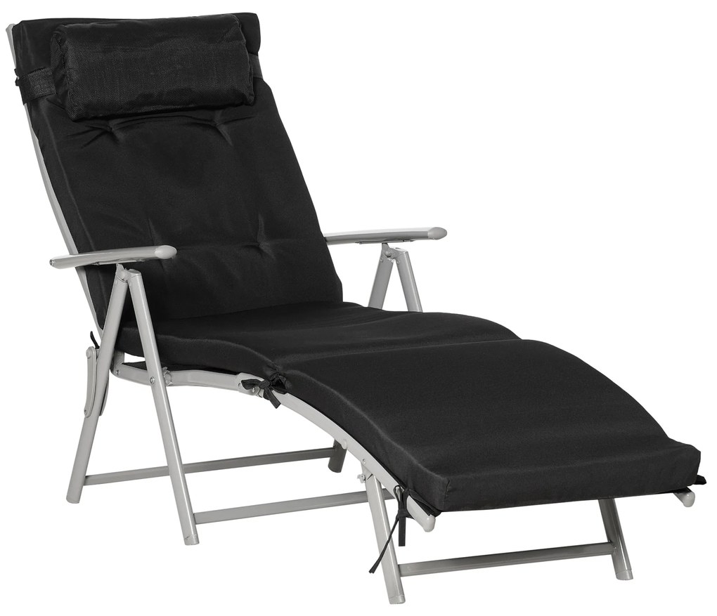 Outsunny Șezlong pliabil 7 poziții, șezlong înclinabil, confort sporit cu saltea + cotiere, metal epoxidic, textilenă, poliester Negru | Aosom Romania