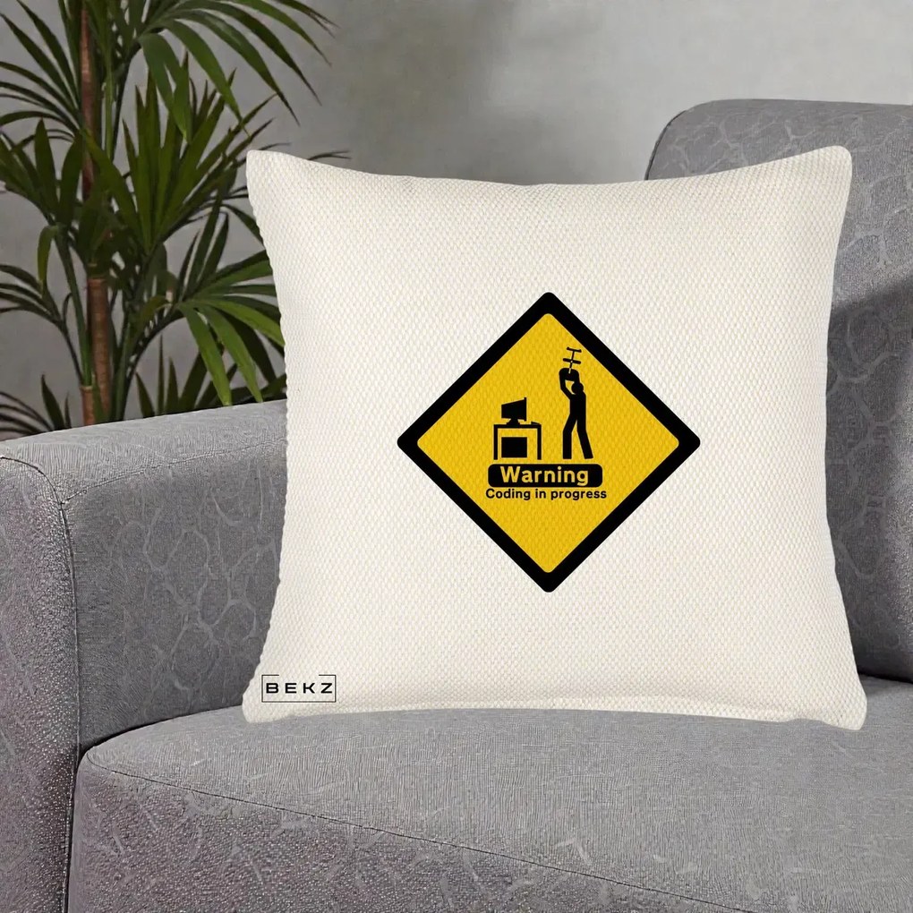 Perna Personalizata Warning Coding in Progress, 40x40 cm, Crem Reliefat, Husa Detasabila, Perna Inclusa, BEKZ®