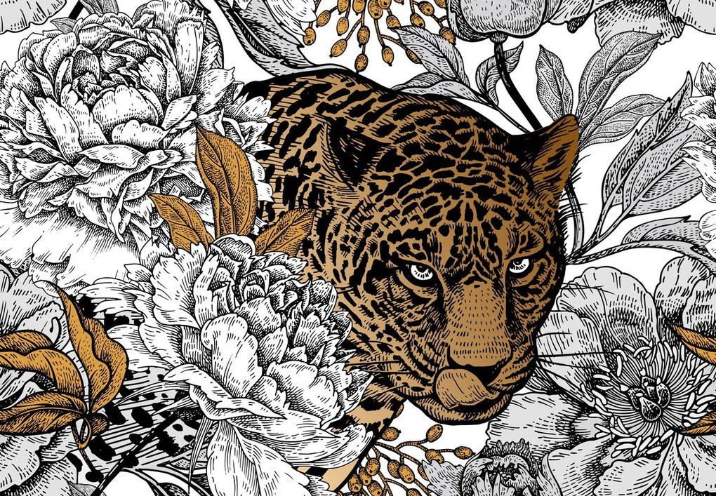 Fototapet - Leopard în bujori (147x102 cm)