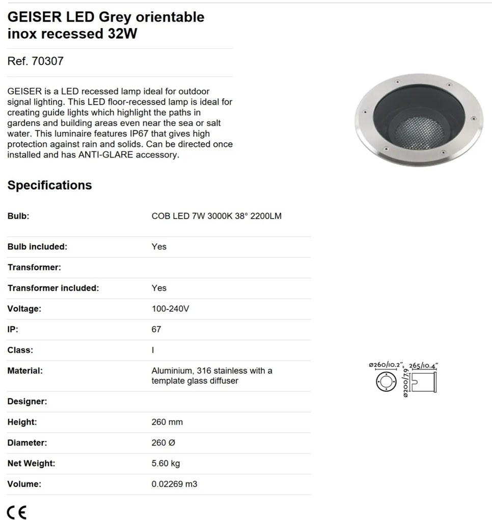 Spot LED orientabil / incastrabil de exterior pentru pavaj 13cm GEISER 32W