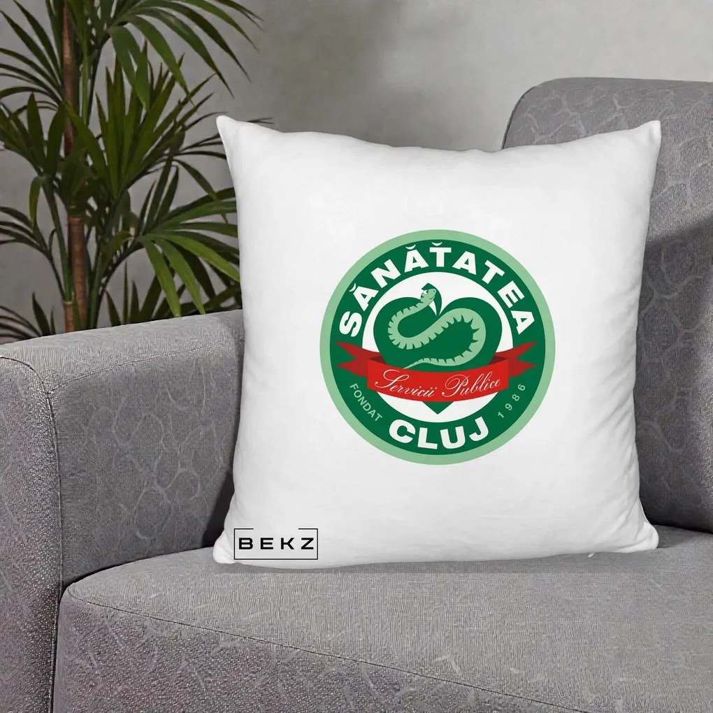 Perna Personalizata Sanatatea Cluj Servicii Publice 1986, 40x40 cm, Alb Pufos, Husa Detasabila, Perna Inclusa, BEKZ®