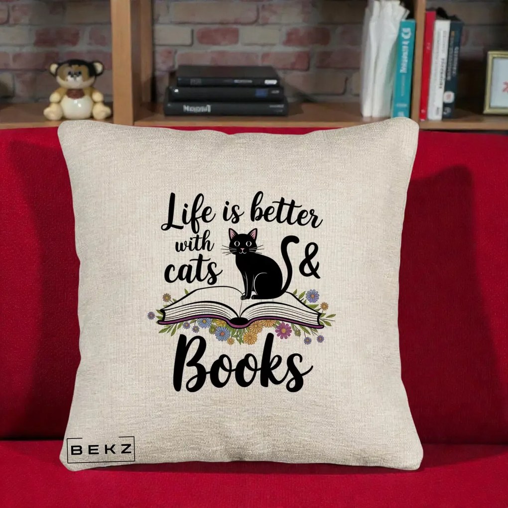 Perna Personalizata Life is Better Cats and Books, 40x40 cm, Bej Canapea, Husa Detasabila, Perna Inclusa, BEKZ®