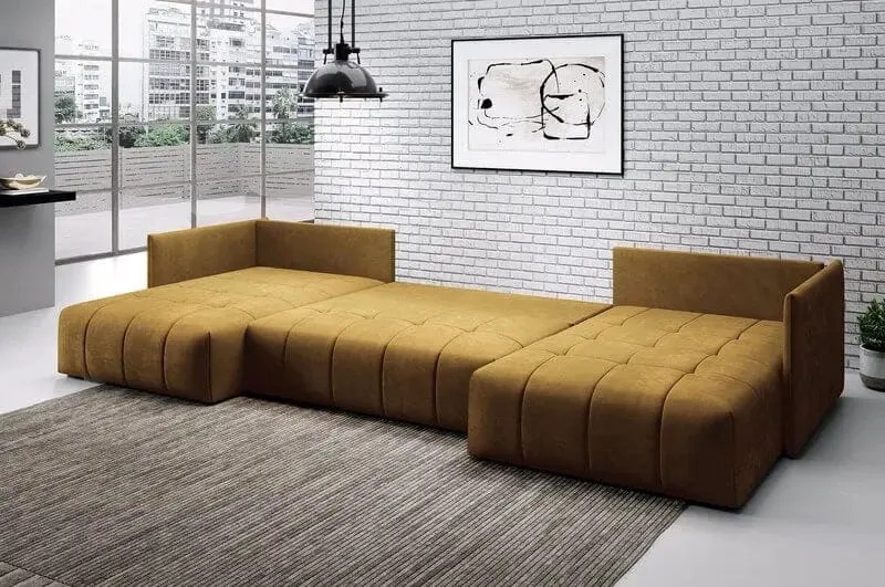 Colțar extensibil dumonde cu ladă de depozitare si sezut confortabil din spuma high-density, Malta U Royal Muștar 340x185 cm