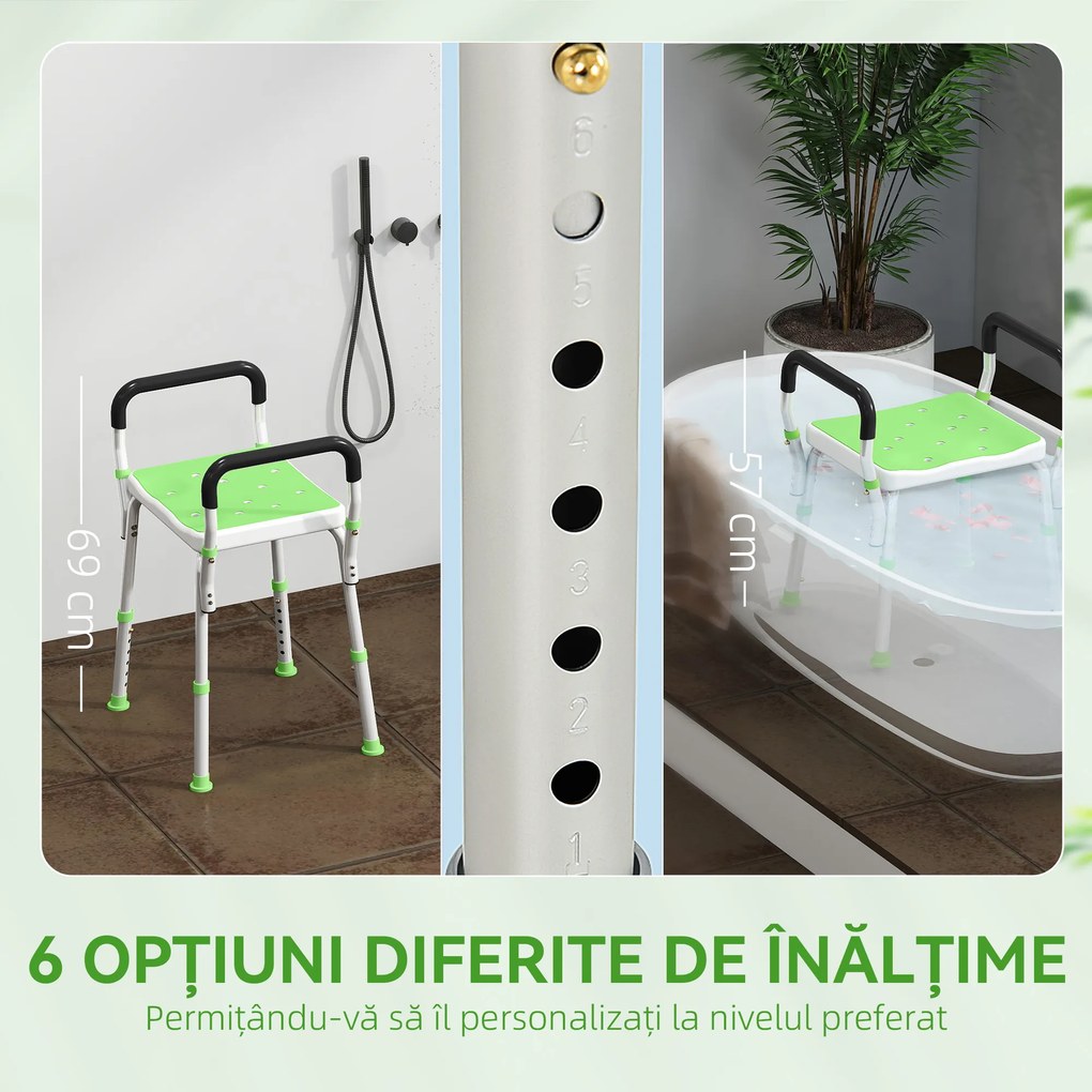 HOMCOM Scaun de duș din aluminiu, reglabil pe înălțime, cu cotiere și picioare antiderapante, verde | Aosom Romania