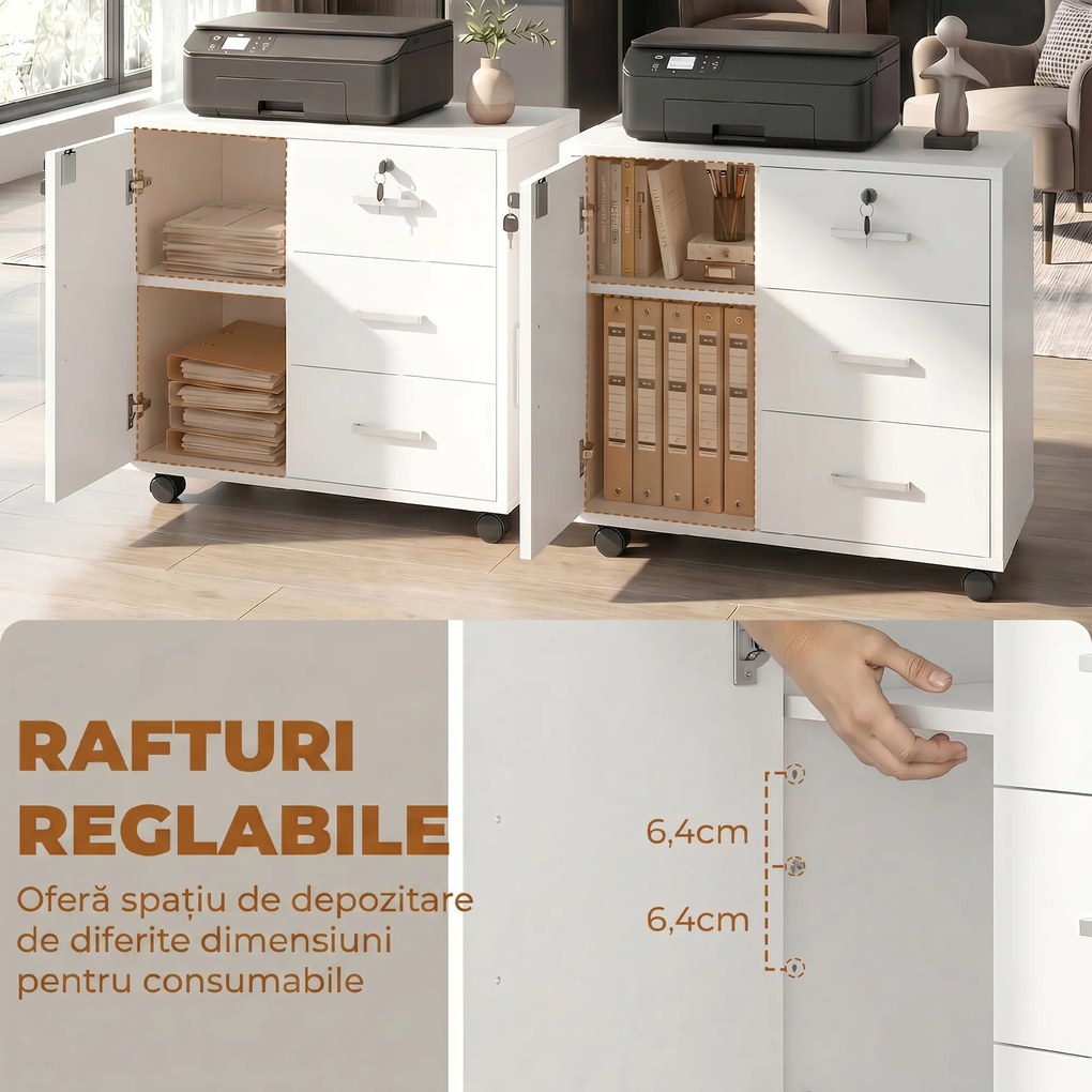 HOMCOM Dulap de Birou cu 3 Sertare și Dulăpior cu 3 Rafturi Reglabile, Sertar pentru Documente, 60x40x56 cm, Alb | Aosom Romania