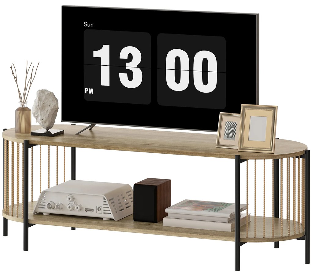 HOMCOM Suport TV Stil Bohemio pana la 55 Inch cu Design in Sfoara de Hartie si 2 Rafturi Deschise 124x43,5x41 cm Natural | Aosom Romania