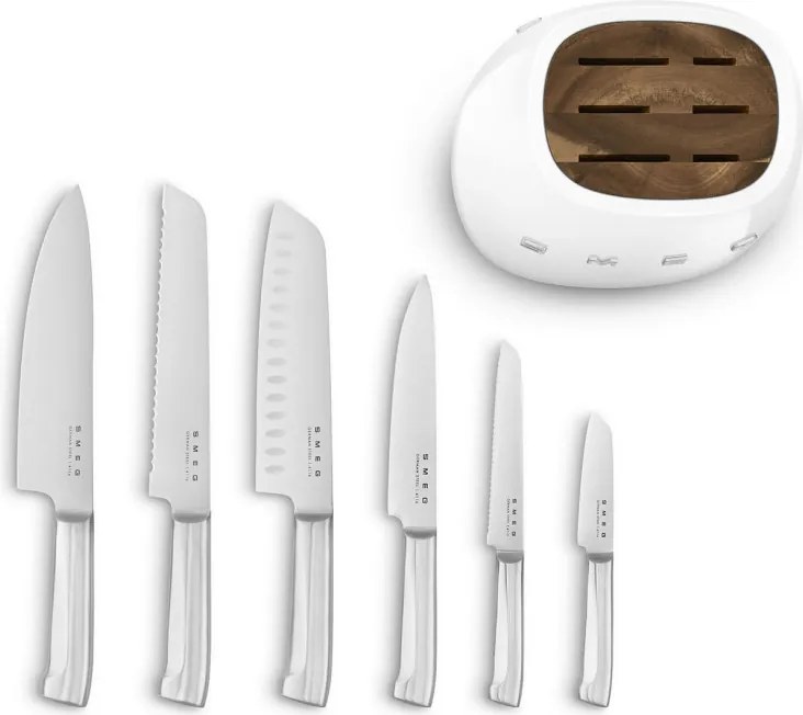Set de cutite cu suport SMEG KBSF02WH, 7 piese, Manere din lemn de salcam, Otel inoxidabil german, Alb