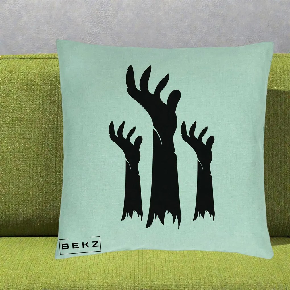 Perna Decorativa Halloween Maini Zombie Alb-Negru, 40x40 cm, Verde Menta, Husa Detasabila, Perna Inclusa, BEKZ®
