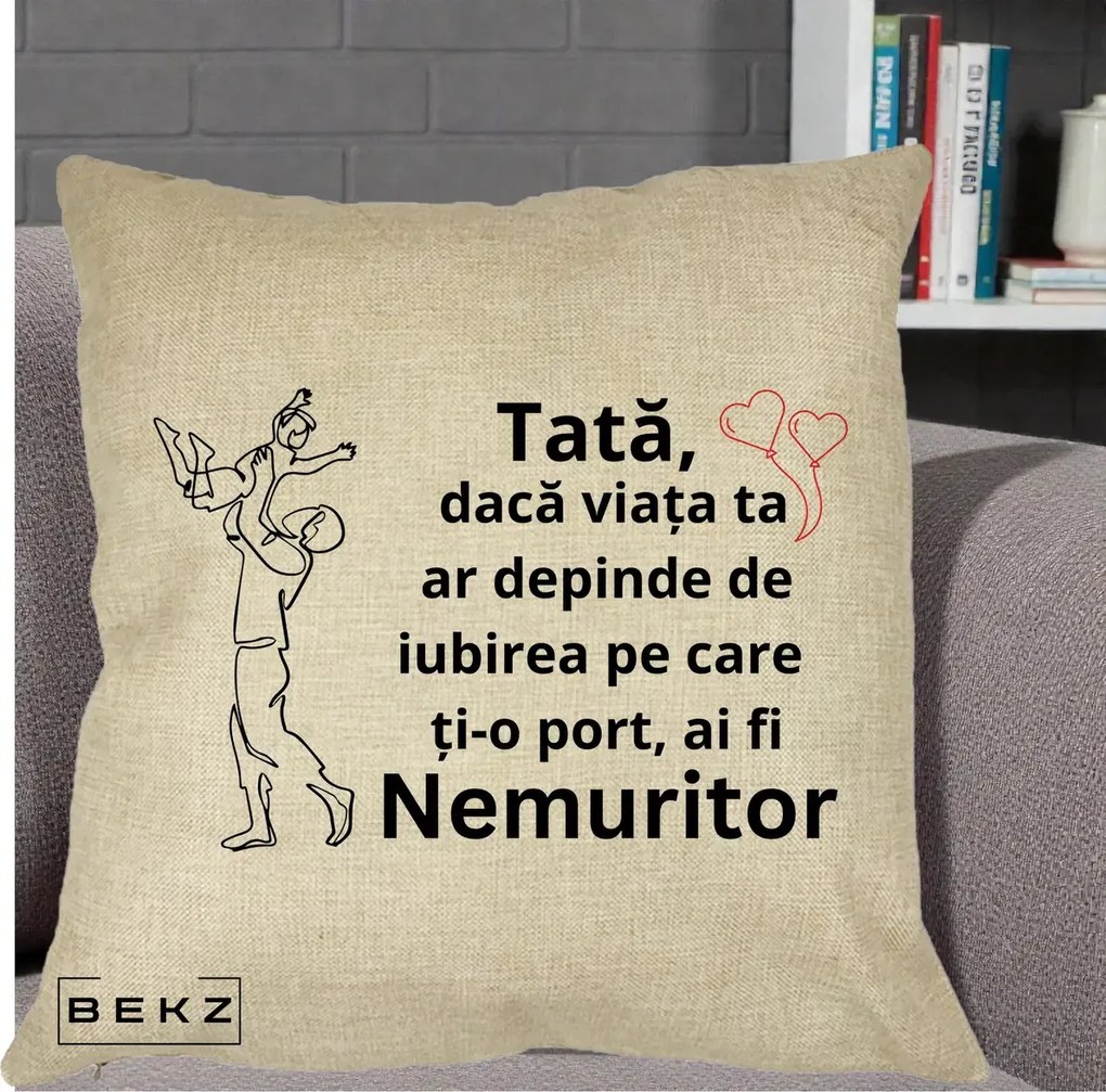 Cadou pentru Tata - Perna Personalizata Tata Nemuritor Joaca in Aer, 40x40 cm, Crem, Husa Detasabila, Perna Inclusa, BEKZ®