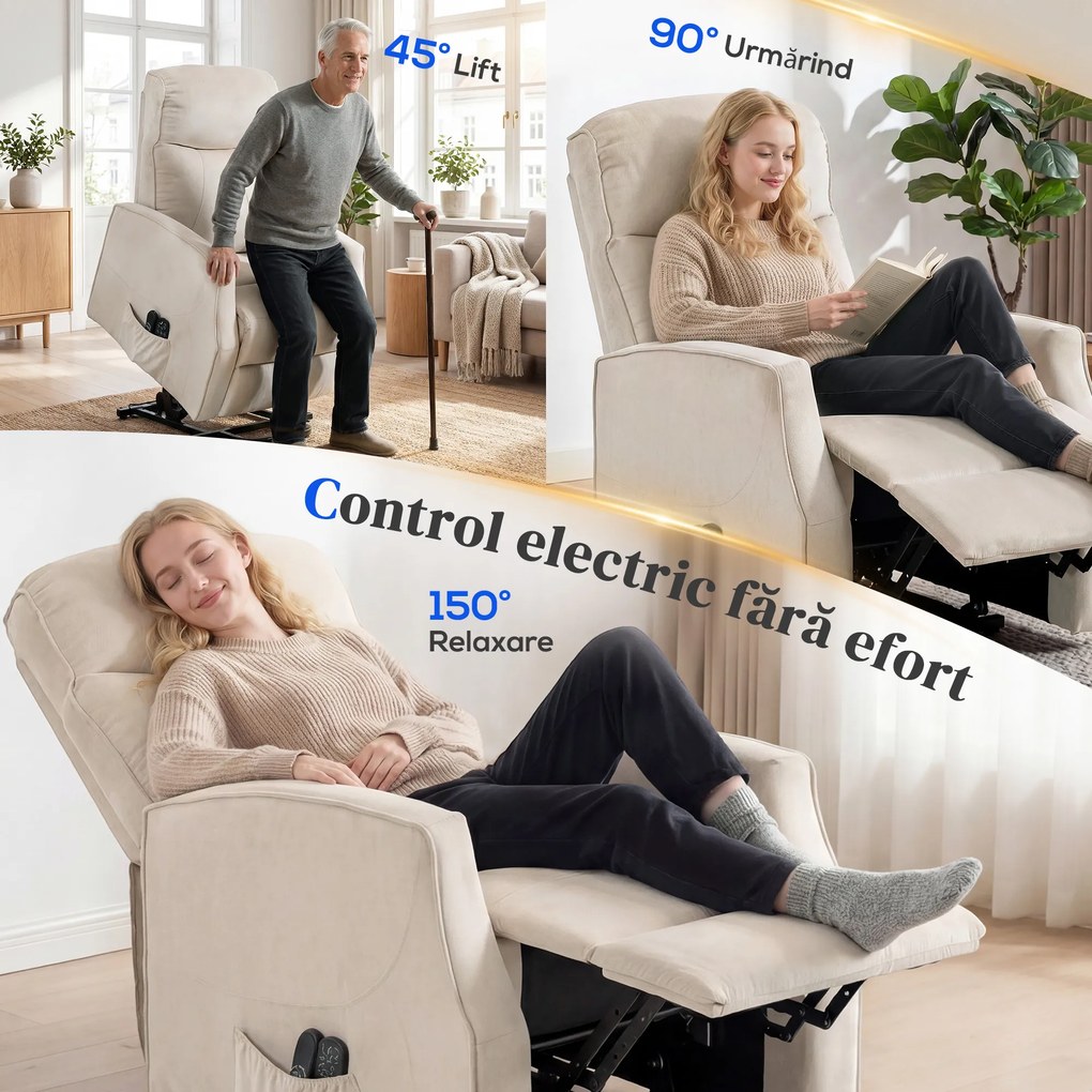 HOMCOM Fotoliu Electric cu Ridicare 150° din Material ce Imita Inul cu 8 Puncte de Masaj, Încălzire, Bej | Aosom Romania