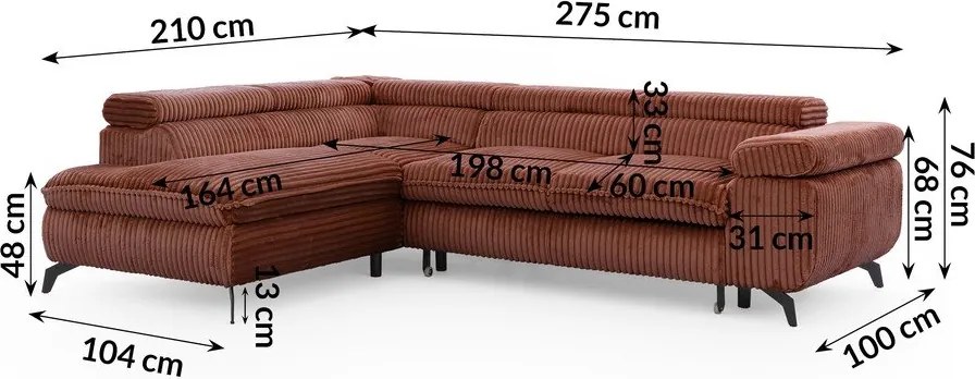 Colțar teracotă cu tapițerie din catifea reiată (cu colț pe partea stângă/în formă de ”L”) Marbeya – Ropez