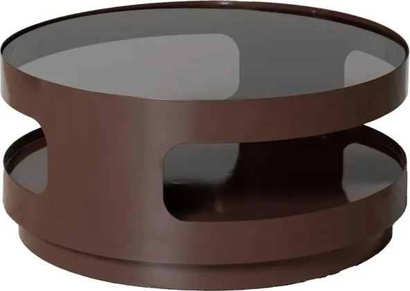 Măsuță de cafea din sticlă și metal, rotundă, cu structură cilindrică și decupaje laterale, maro antichizat, finisaj mat, 70×32 cm, „Onyru"