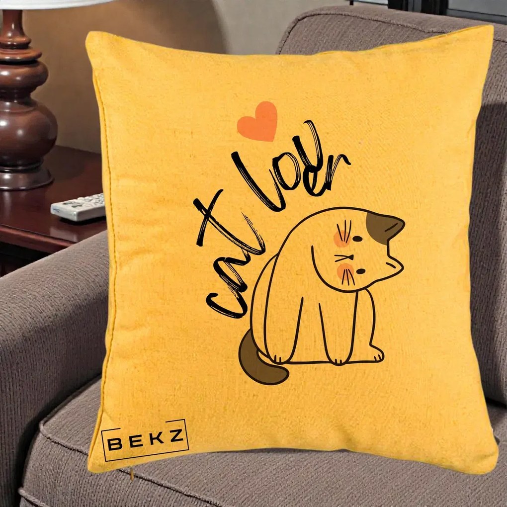 Perna Personalizata Cat Lover Pisica Ilustratie Linie, 40x40 cm, Galben, Husa Detasabila, Perna Inclusa, BEKZ®