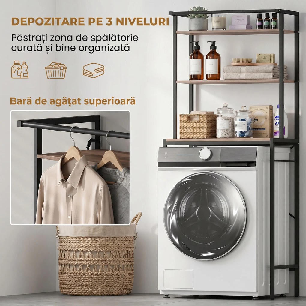 HOMCOM Raft 3 Nivele deasupra Mașinii de Spălat cu Bară Umerașe, Maro/Negru | Aosom Romania