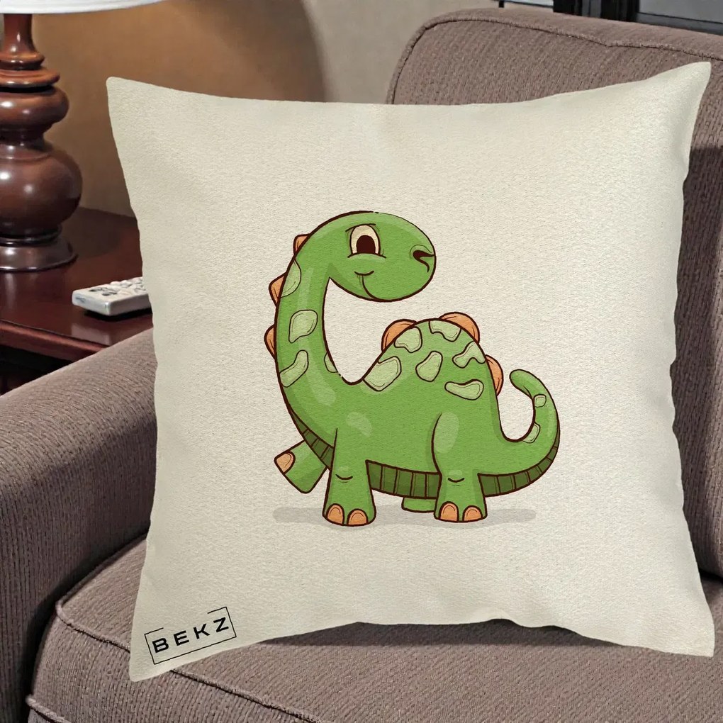 Perna Decorativa Brontosaur Verde Simpatic, 40x40 cm, Ecru, Husa Detasabila, Perna Inclusa, BEKZ®
