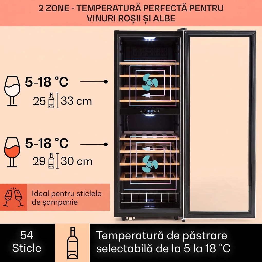 Klarstein Vinamour 54D, răcitor de vinuri, 2 zone, 148 l, 54 sticle, față din oțel inoxidabil