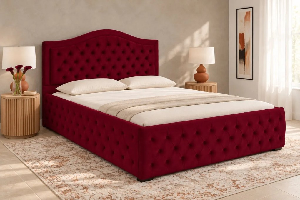 Pat tapițat Chesterfield din catifea Solaria Deluxe 200×200 cm, vișiniu, cu ladă de depozitare