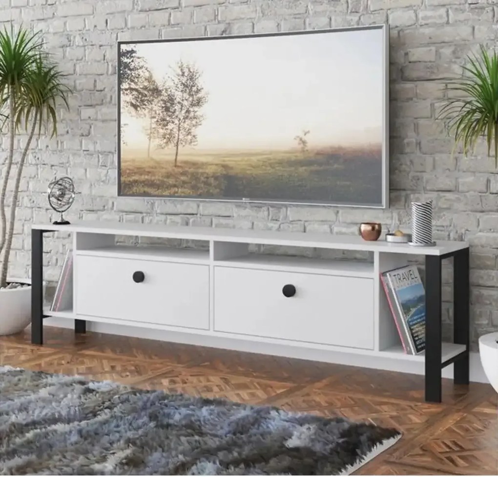 Comoda tv cu picioare metal Homs 150 cm, alb-negru,30402