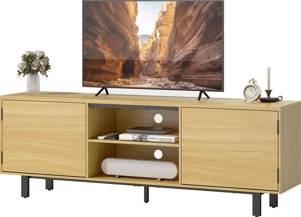 HOMCOM Comodă TV, mobilier TV până la 165 cm, 2 uși cu deschidere prin apăsare și 2 rafturi, 160x35x55,5cm, lemn natural | Aosom Romania