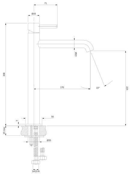 Baterie de lavoar OMNIRES Y1212CP Y 30,8 cm cupru lucios