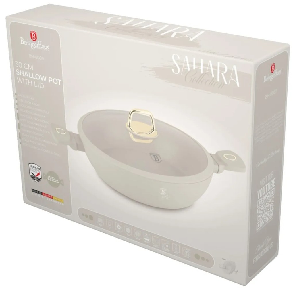 Cratiță cu capac 30 cm, 4.5L – Berlinger Haus Sahara Collection BH 8069, crem, cu strat antiaderent titan, compatibilă cu inducție