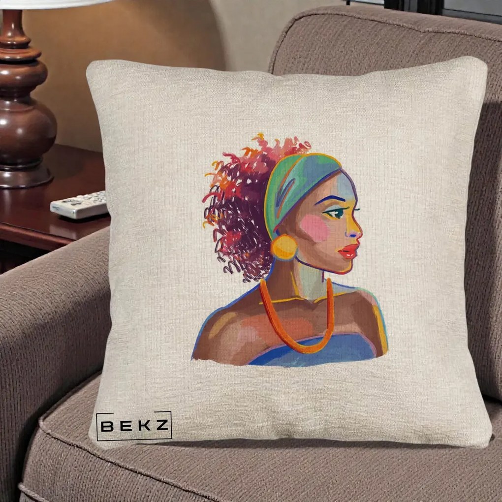 Perna Decorativa Portret Femeie Urbana Acuarela, 40x40 cm, Bej Canapea, Husa Detasabila, Perna Inclusa, BEKZ®