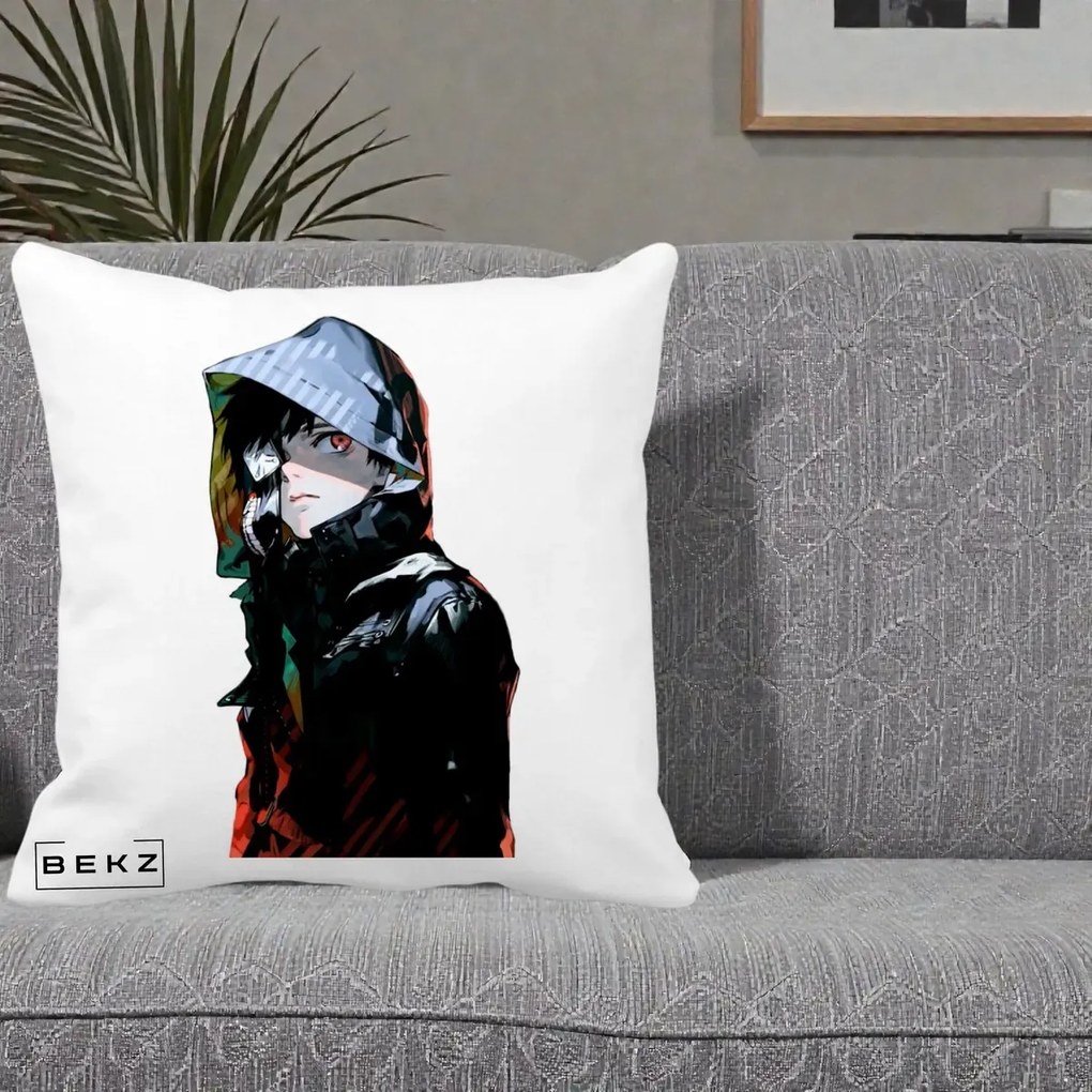 Perna Personalizata Tokyo Ghoul Ken Kaneki cu Masca si Gluga, 40x40 cm, Alba Mata, Husa Detasabila, Perna Inclusa, BEKZ®