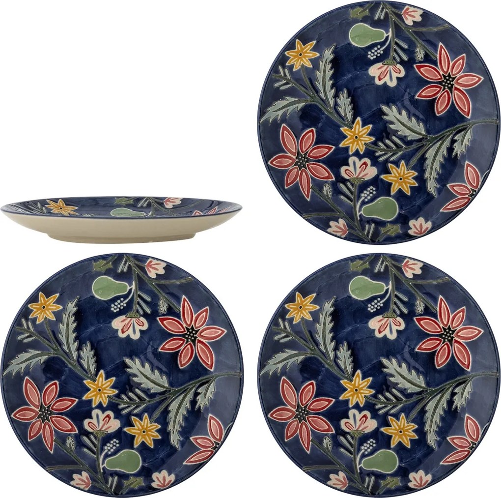 Set 4 farfurii din ceramică albastră cu motive florale dense pictate manual, 20,5×2,5 cm, „Meredith"