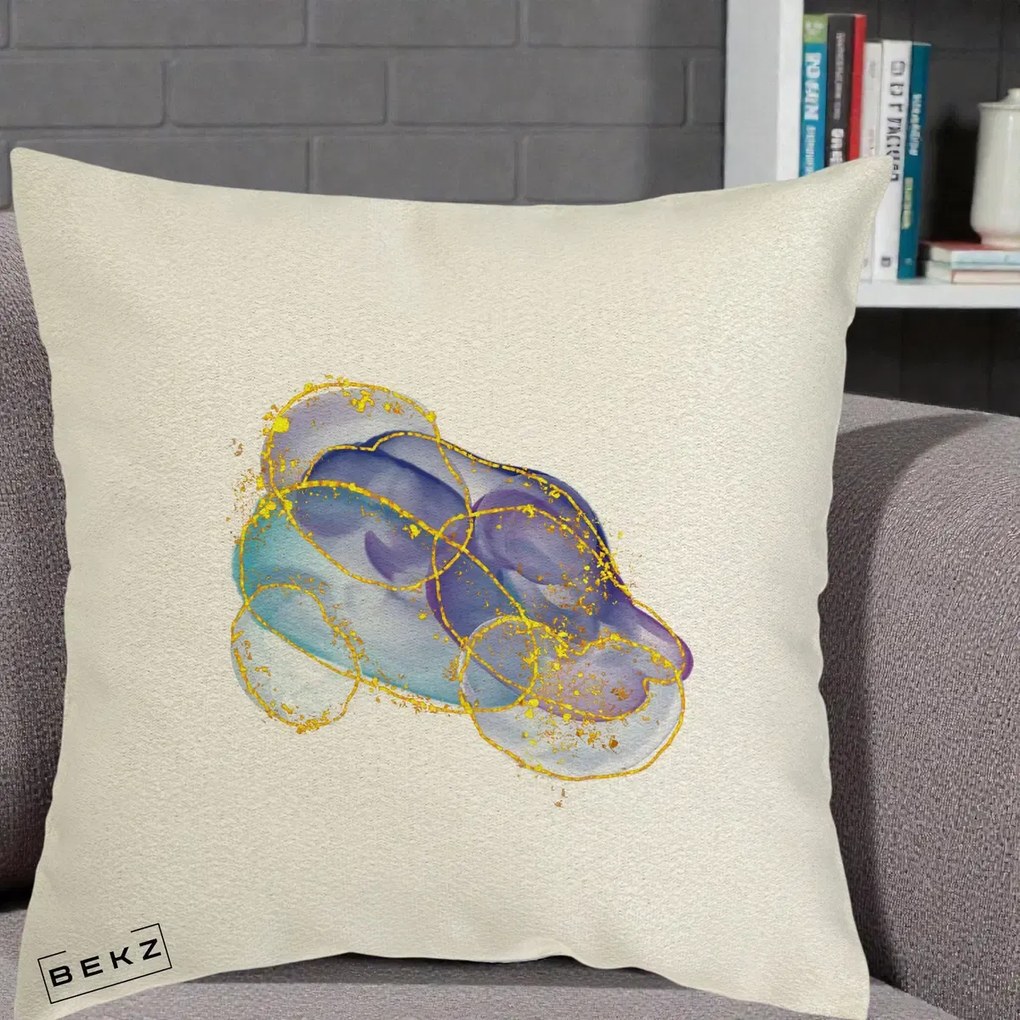 Perna Decorativa Abstract Acuarela Albastru-Mov cu Cercuri Aurii, 40x40 cm, Ecru, Husa Detasabila, Perna Inclusa, BEKZ®