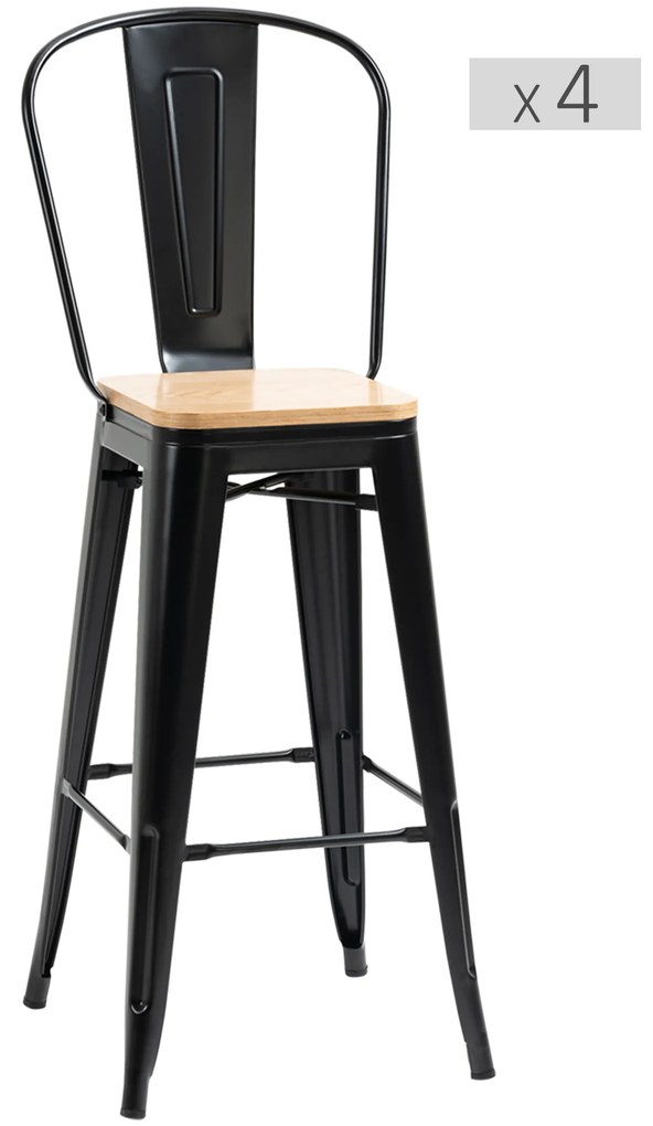 HOMCOM, Set de 4 taburete de bar, stil industrial, cu spătar, suport pentru picioare, înălțime 76 cm, Negru | Aosom Romania