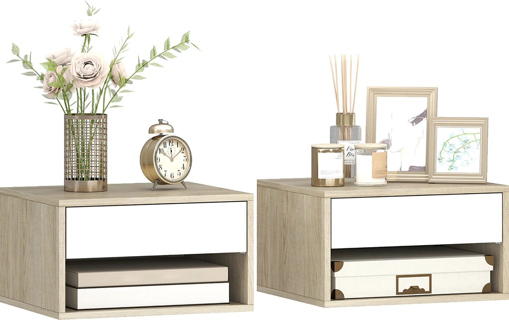 HOMCOM Set de 2 noptiere montate pe perete, noptiere, sertar, compartiment deschis, blat, 37 x 32 x 21 cm, lemn natural | Aosom Romania