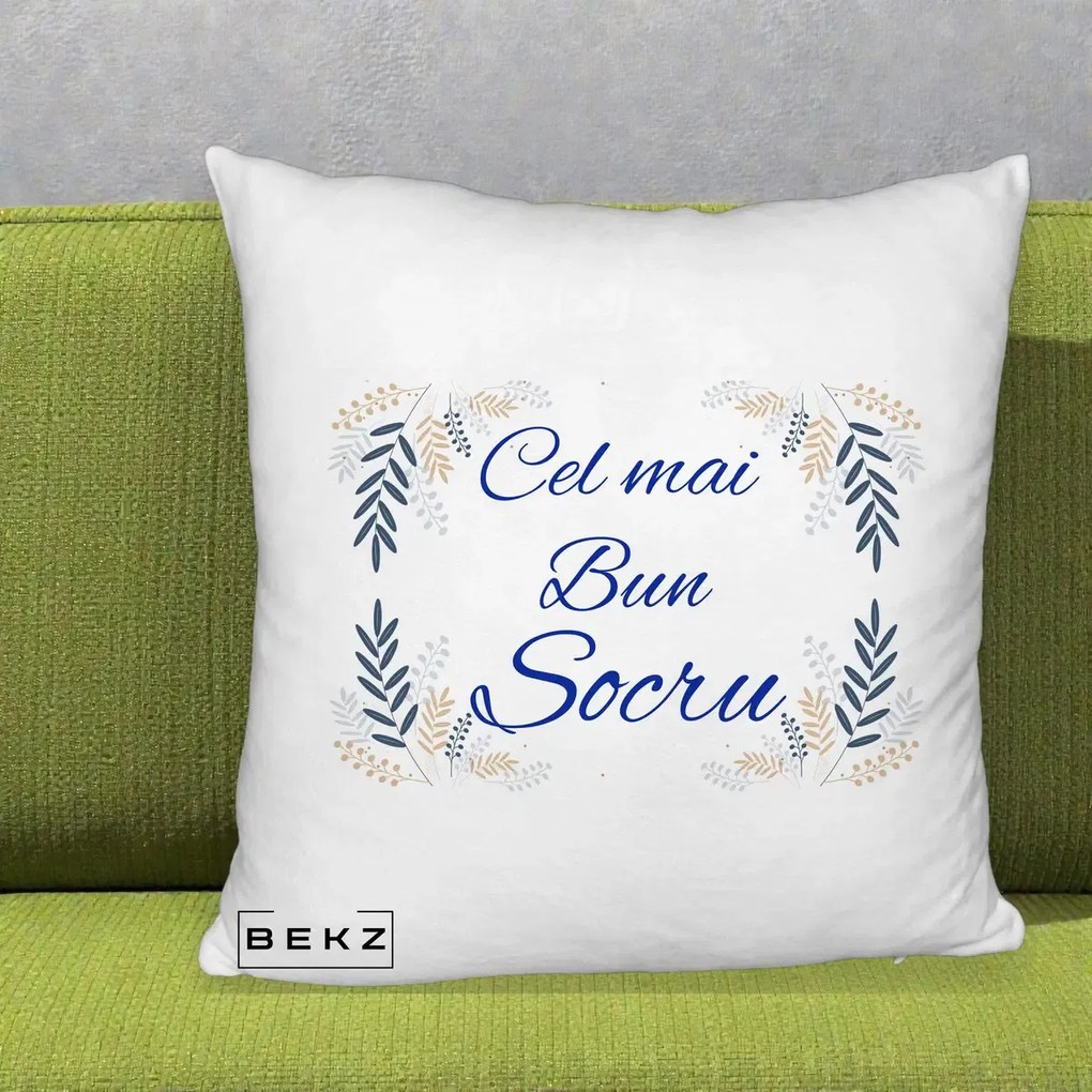 Cadou pentru Socru - Perna Personalizata Cel mai Bun Socru cu Ramuri Frunze Albastre si Aurii, 40x40 cm, Alb Pufos, Husa Detasabila, Perna Inclusa, BEKZ®