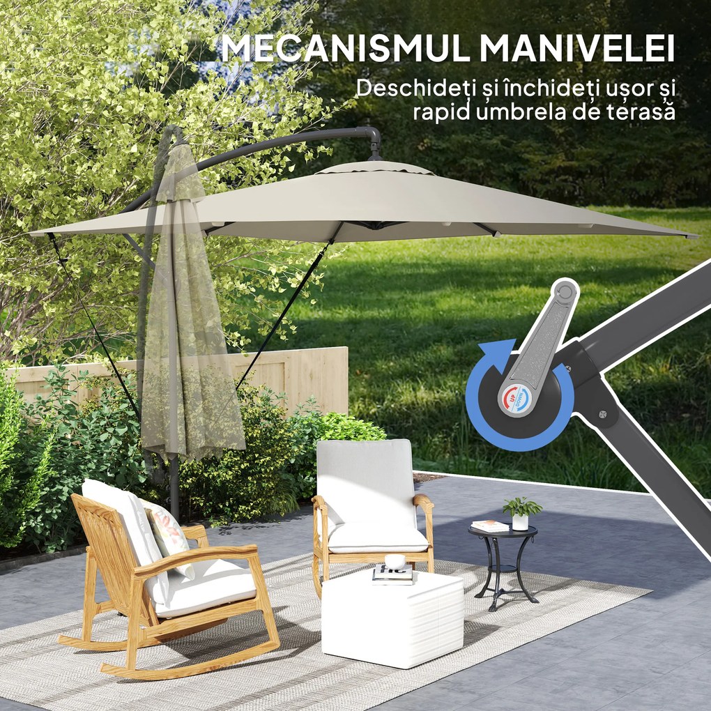 Outsunny Umbrelă de Grădină Suspendată 2.47x2.47 m, Umbrelă de Exterior cu Bază în Cruce, Corzi Antivânt, Bej | Aosom Romania