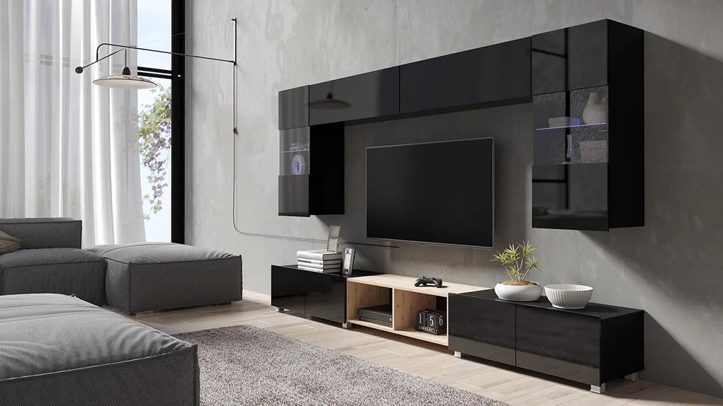 Mobilier living XXIV Badiani (Negru + Negru lucios + Stejar artisan). 1070249
