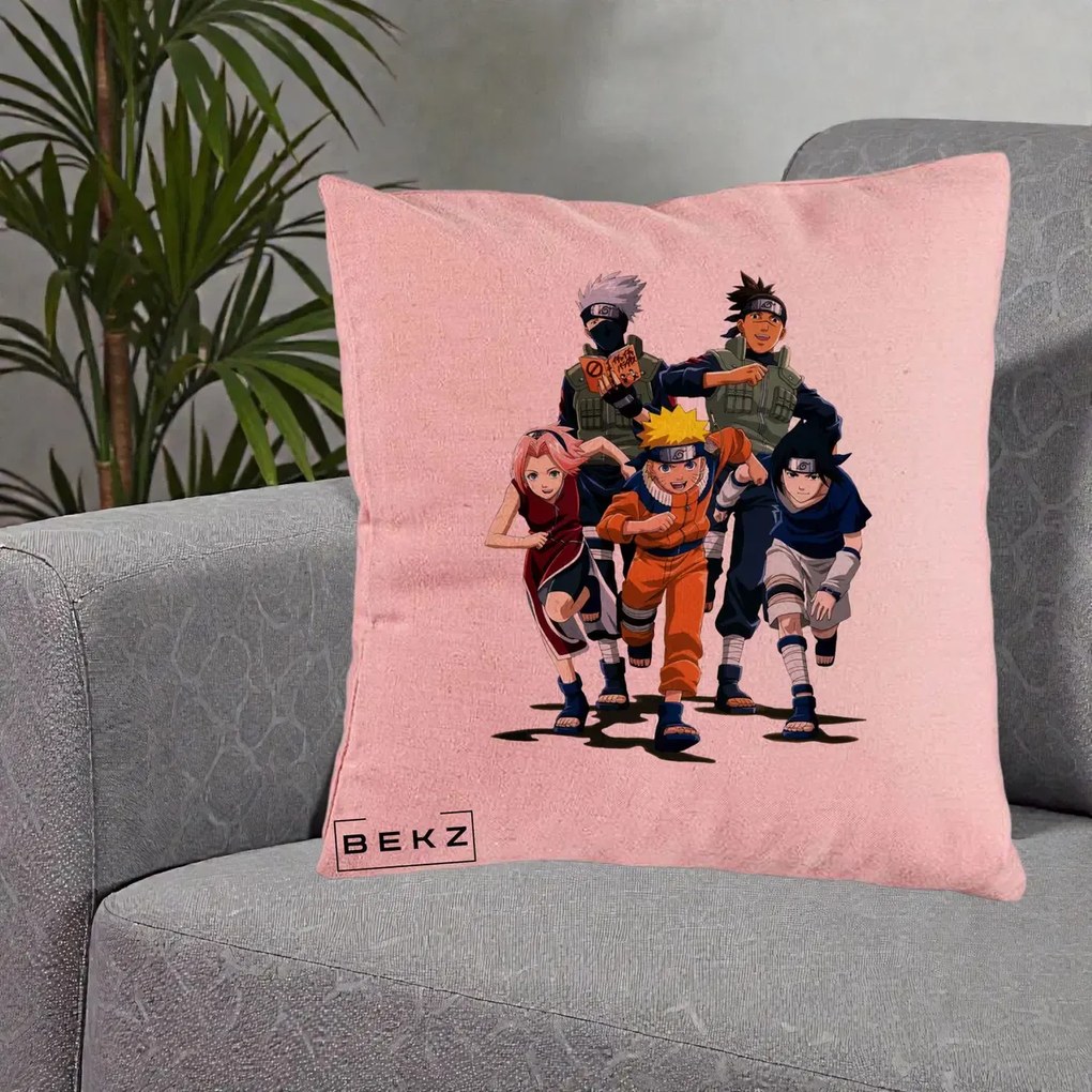 Perna Personalizata Naruto Echipa 7 Kakashi Sensei, 40x40 cm, Roz, Husa Detasabila, Perna Inclusa, BEKZ®