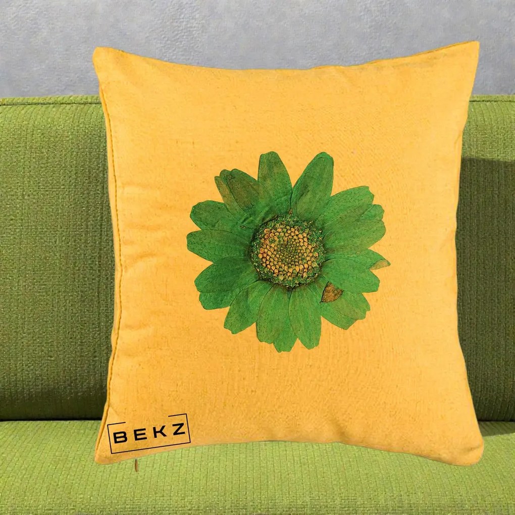 Perna Decorativa Floare Gerbera Teal Acuarela, 40x40 cm, Galben, Husa Detasabila, Perna Inclusa, BEKZ®