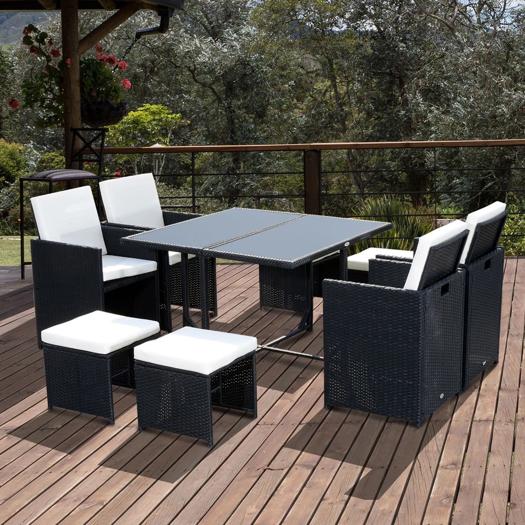 Outsunny Set Mobilier de Grădină încorporabil 8 persoane 9 piese rășină împletită 4 fire imitație răchită Negru Perne detașabile crem | Aosom Romania