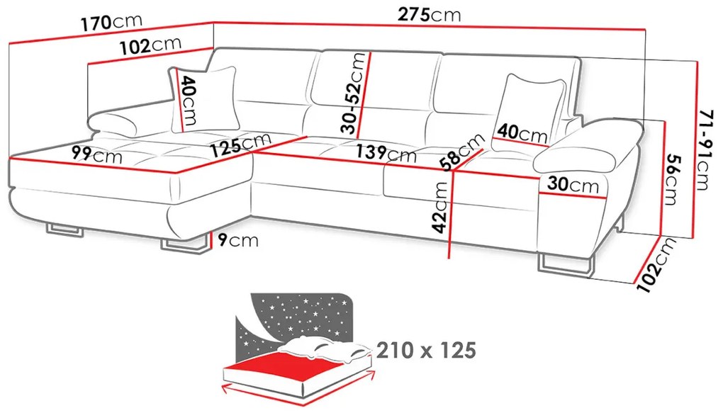 Supermobel Canapea in forma de COTERE MINI, 275x91x170, Soft 017/Lux 06/Soft 017, stanga