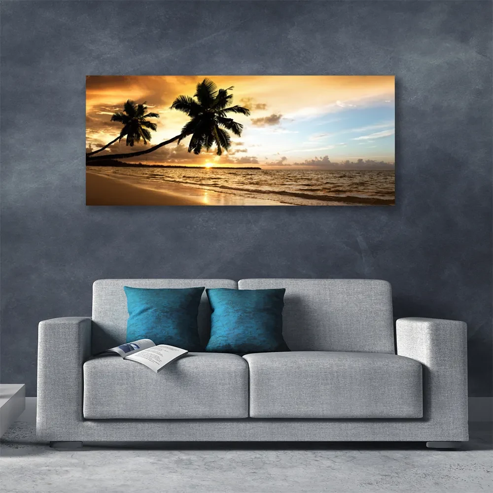Tablou pe panza canvas Palm Trees Sea Beach Peisaj Galben Negru Albastru