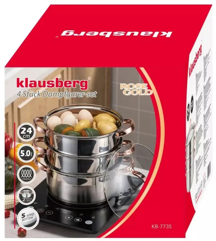 Oala pentru gatit la aburi Klausberg KB 7735, 24 cm, 5 L, 4 piese, Inductie, Inox/Aur roz